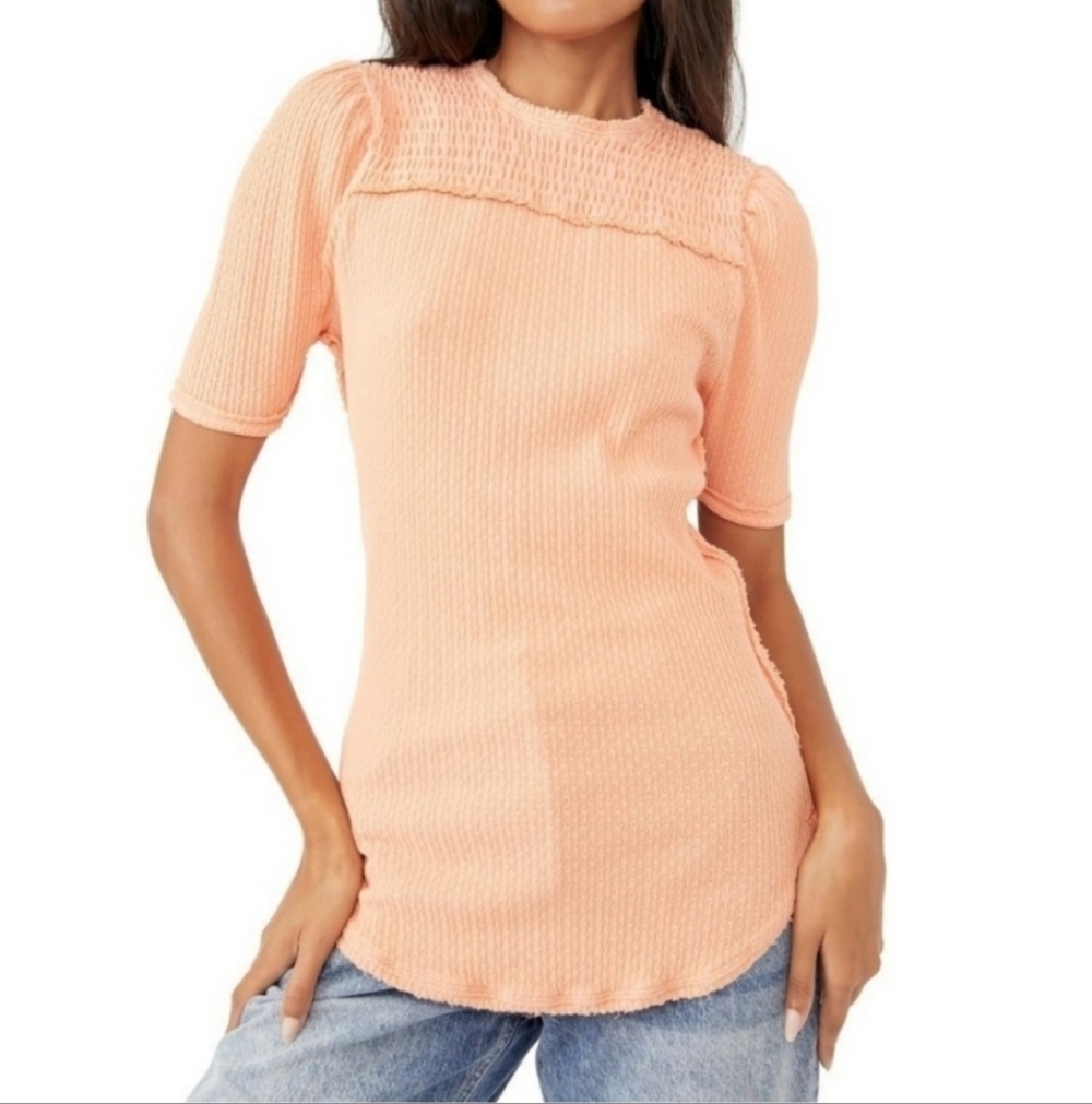Free People We The Free Red Delicious Orange Smocked Ruffled Short Sleeve Top